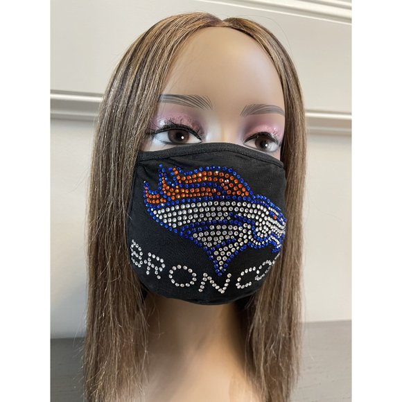 Denver Broncos Bling Rhinestone Face Mask Front Logo Clear Letters - Picture 10 of 10